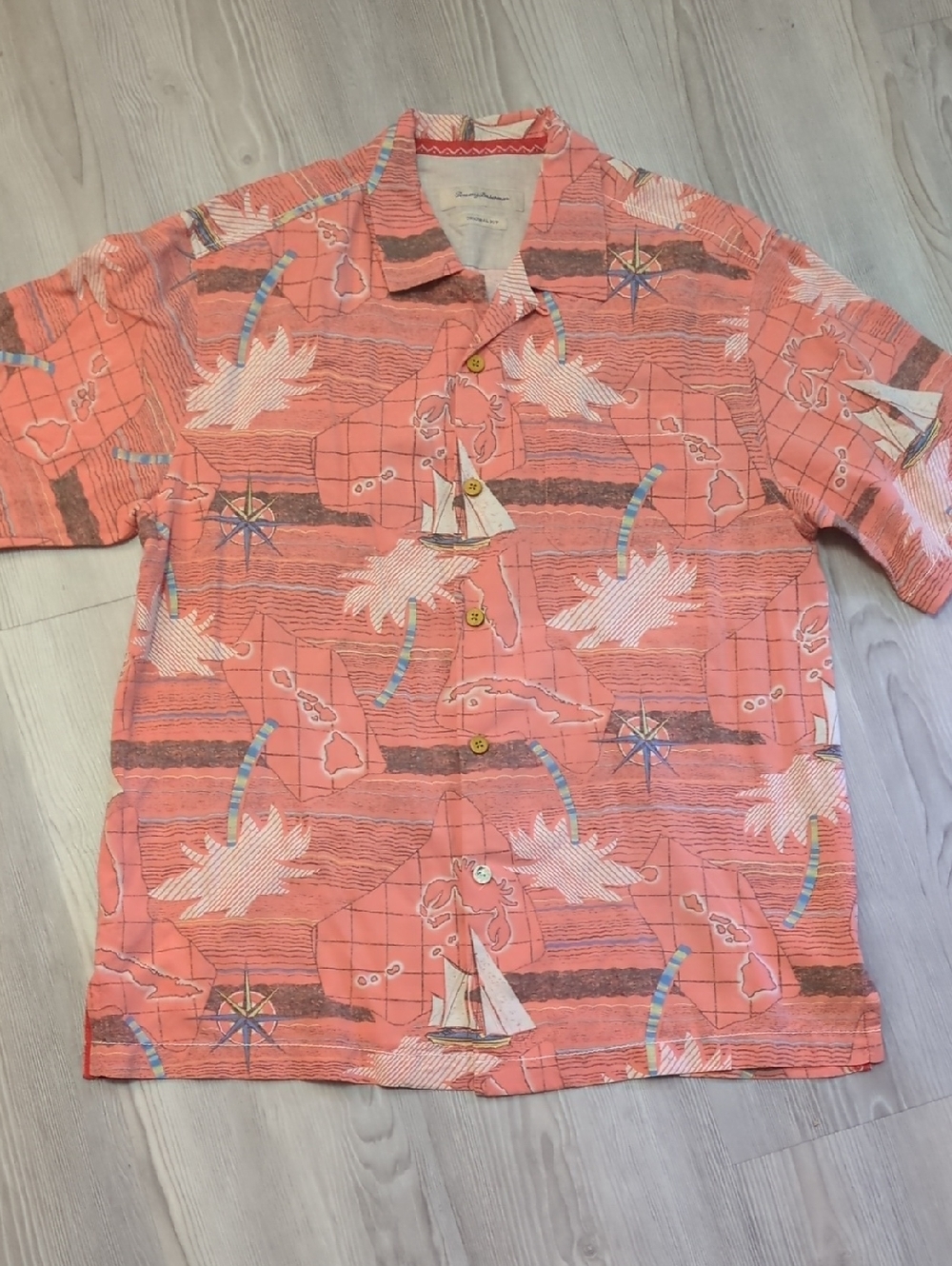 Tommy Bahama Silk L Coral Orange Sailboat Print Short-Sleeve Button-Down Shirt